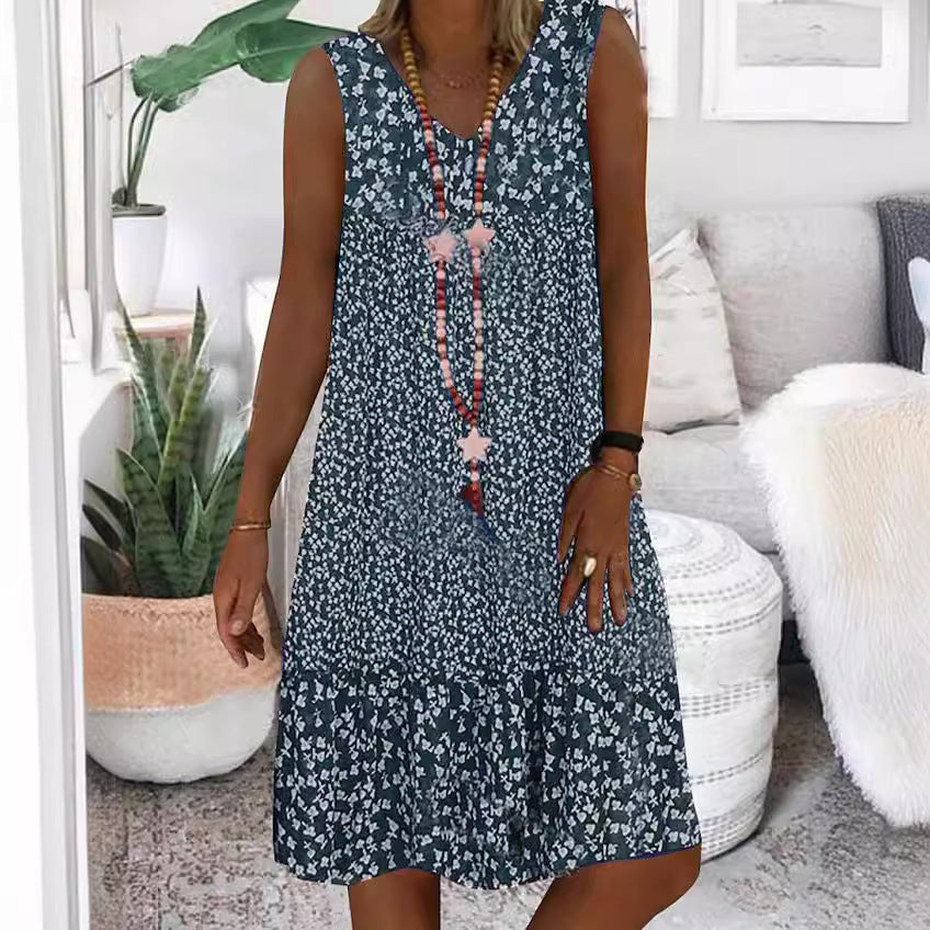 Women's Summer Small Floral Print Sleeveless Ladies Dress