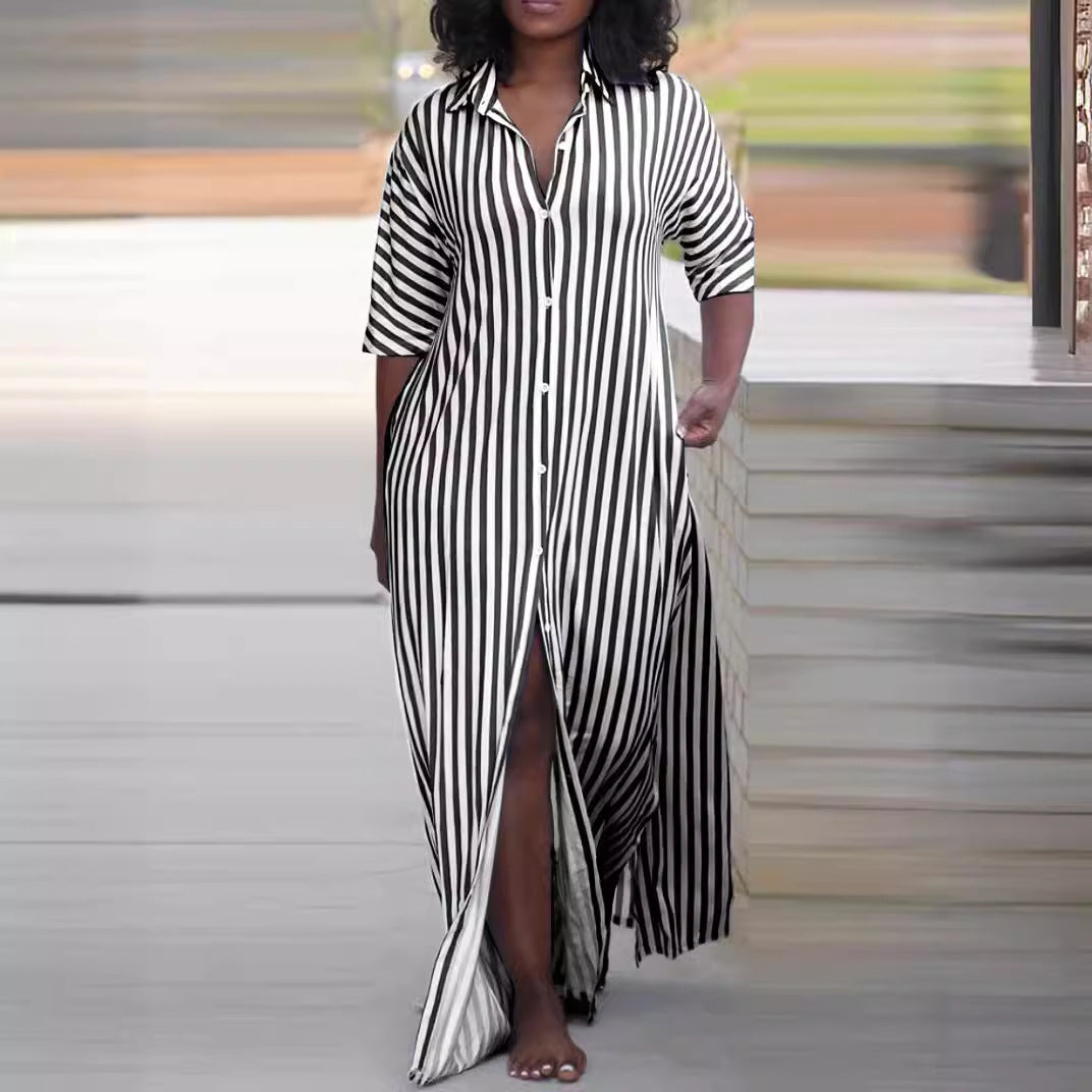 Women's Summer Fashion Loose Long Striped Shirt Dresses
