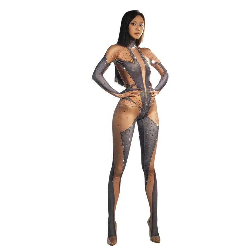 Sexy Full Diamond Long-sleeved One-piece Trousers Jumpsuits