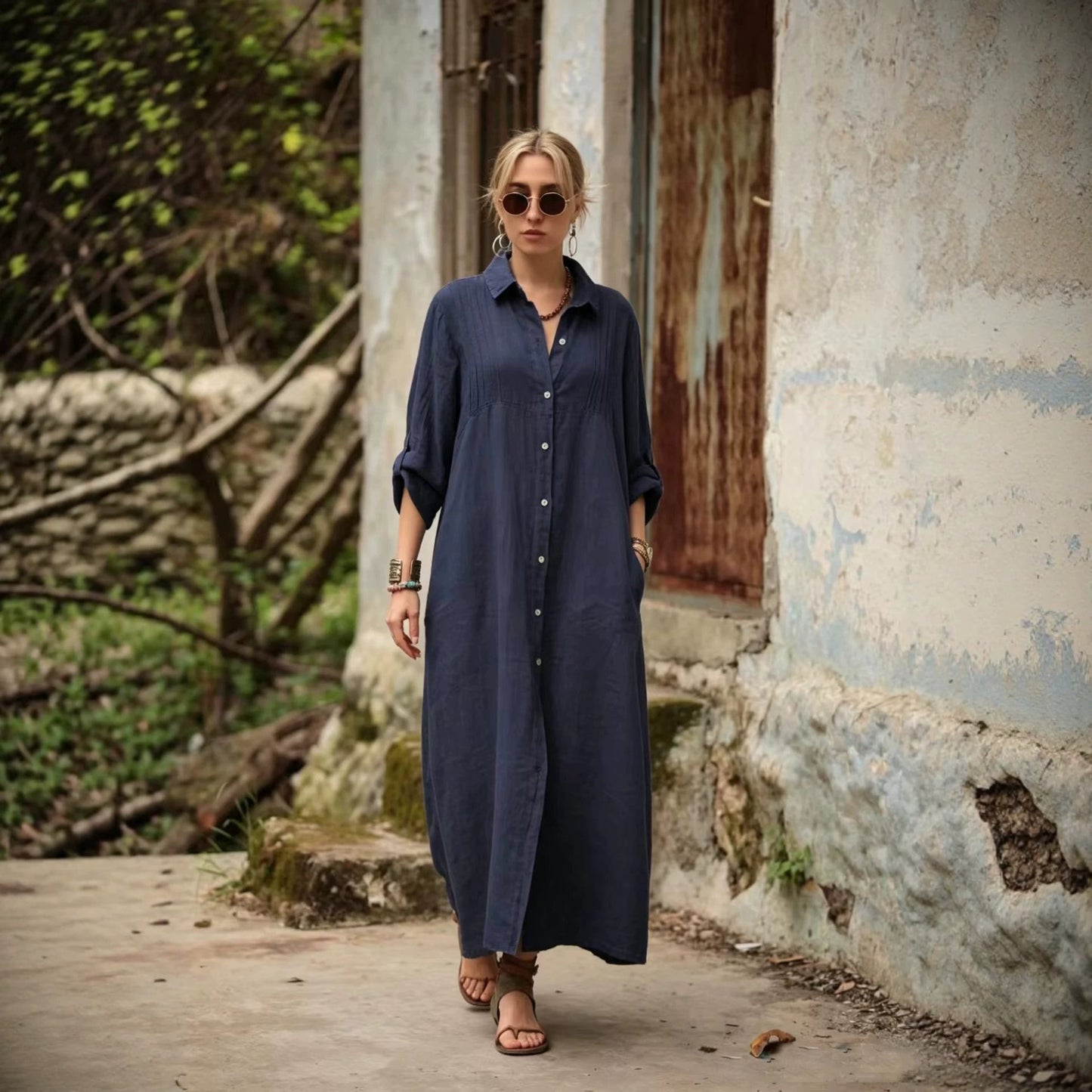 Solid Color Shirt Collar Long Sleeve Temperament Elegant Simple Loose Dress