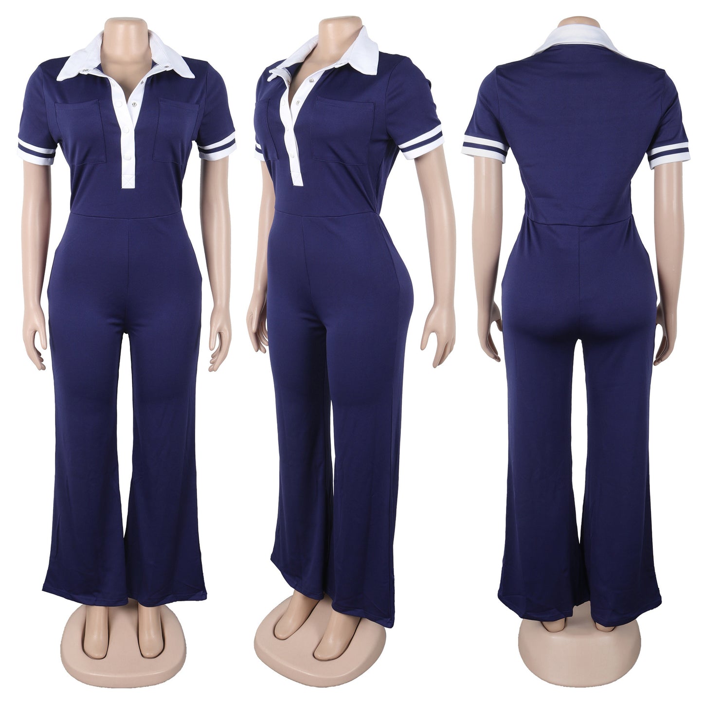 Women's Elegant Stretch Contrast Color Lapels Short-sleeved Jumpsuits