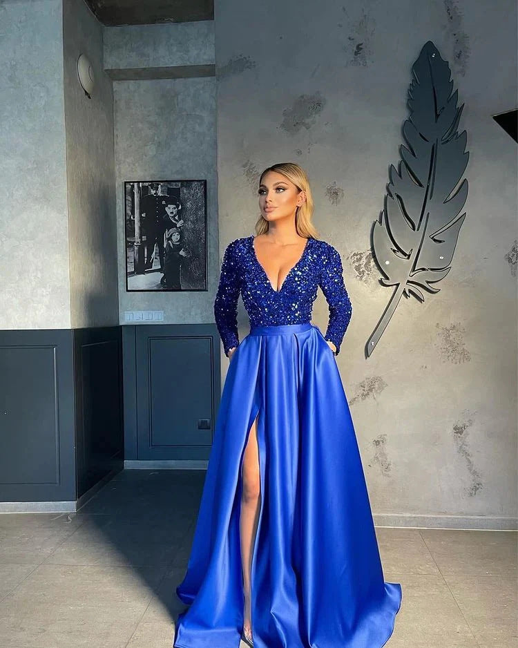 Long Sleeve Sequin Swing Sequined Split Dresses