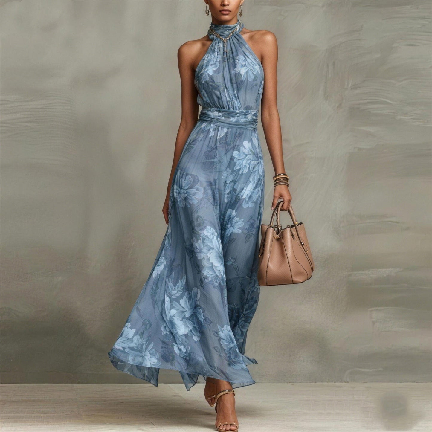 Women's Chiffon Slimming Halter Sleeveless Vacation Style Dress
