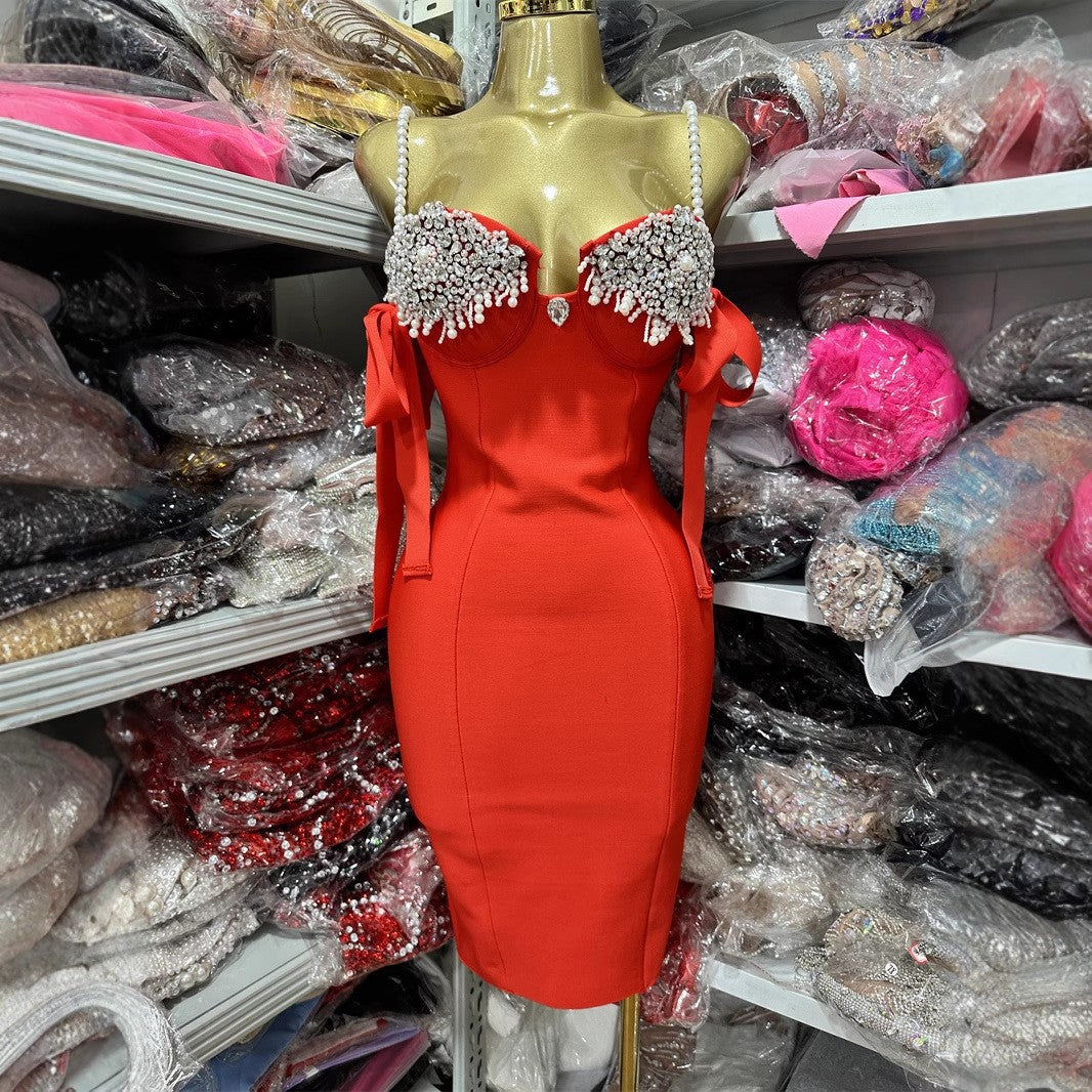 Bandage Dress Fashion Pearl Suspender Diamond Dresses