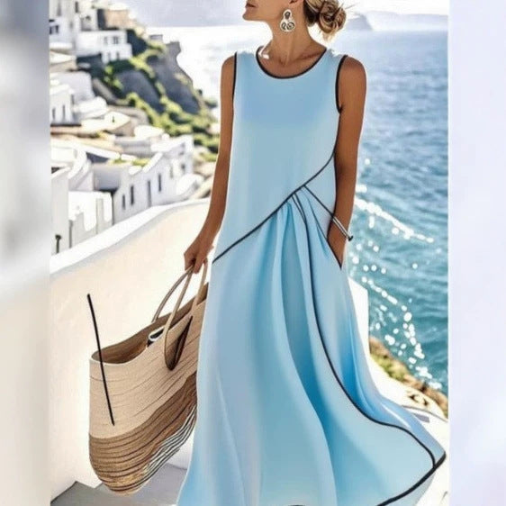 Women's Summer Mediterranean Vacation Style Contrast Color Binding Dress