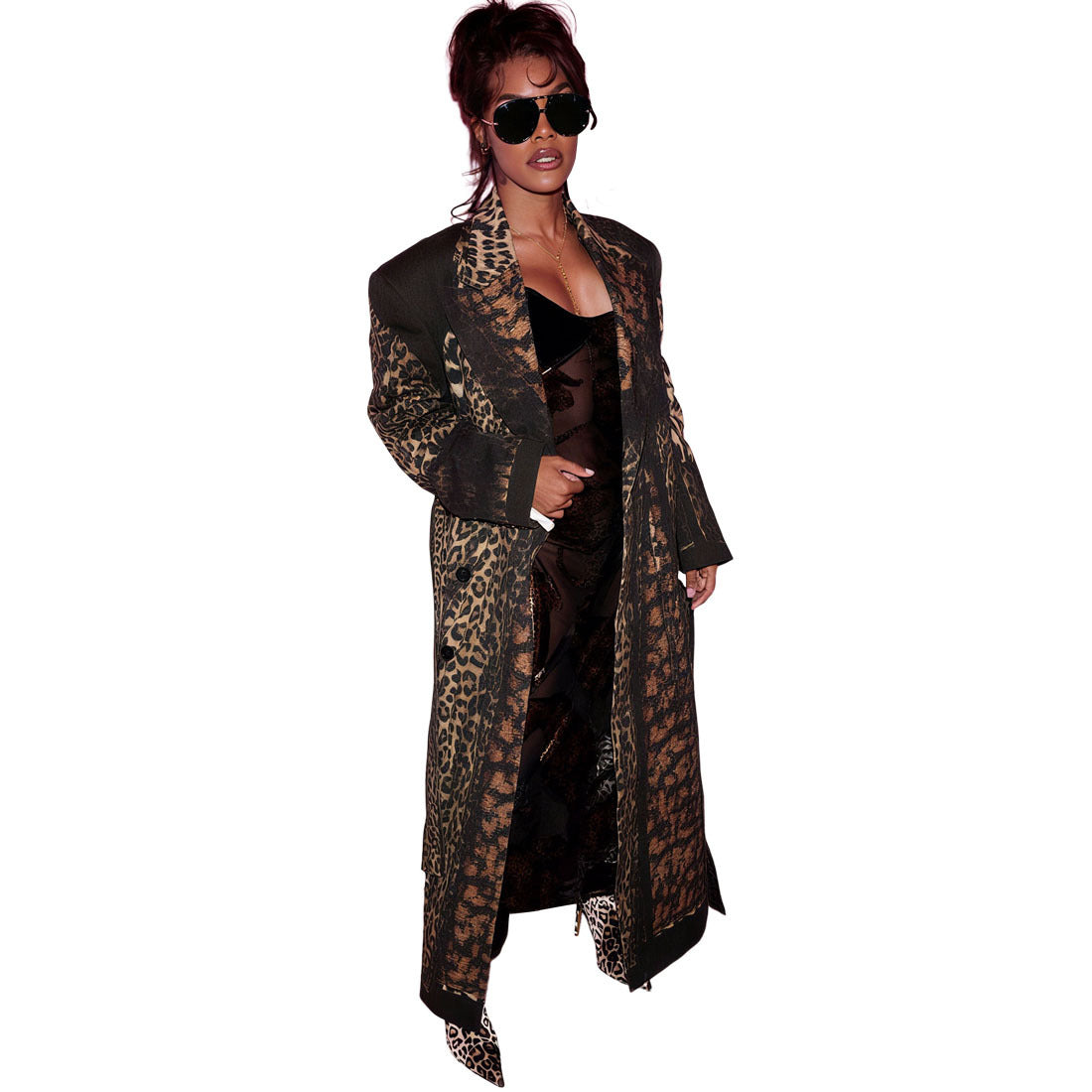 Women's Lapel Print Leopard Long Temperament Leisure Coats