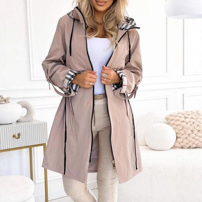 Slouchy Hooded Plaid Casual Long-sleeved Trench Coats
