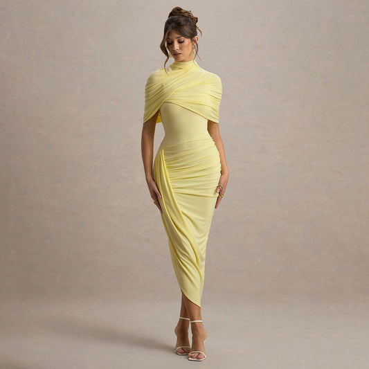 Women's Spring Solid Color Fashion Shawl Irregular Pleated Slim Dress