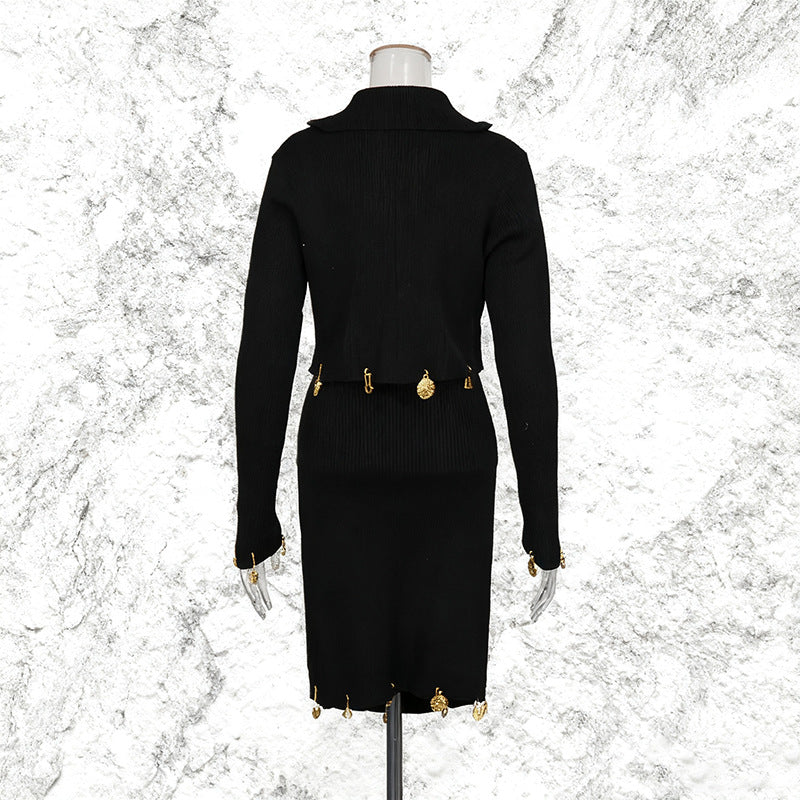 Women's Temperament Style Knitted Two-piece Zipper Collar Metal Decoration Suits