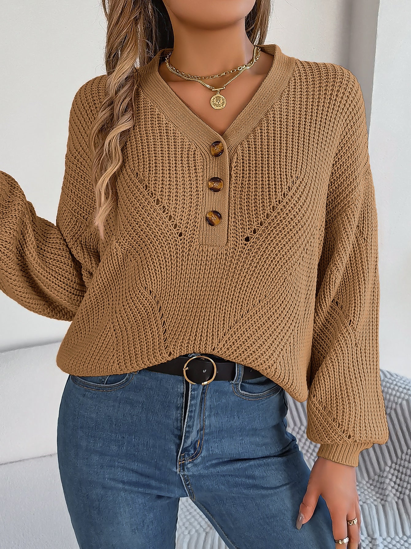 Women's Hollow Out Button Lantern Sleeve Pullover Sweater