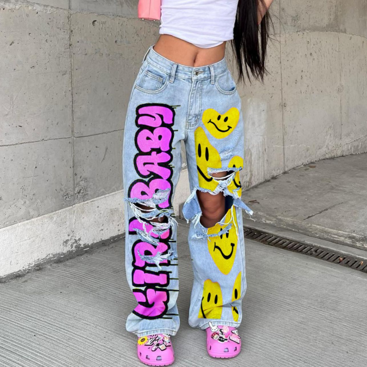 Hot Personality Trendy Loose Washed-out Denim Jeans