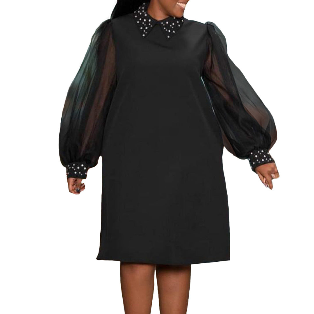 Women's Fashion Mesh Sleeves Beaded Temperament African Plus Size