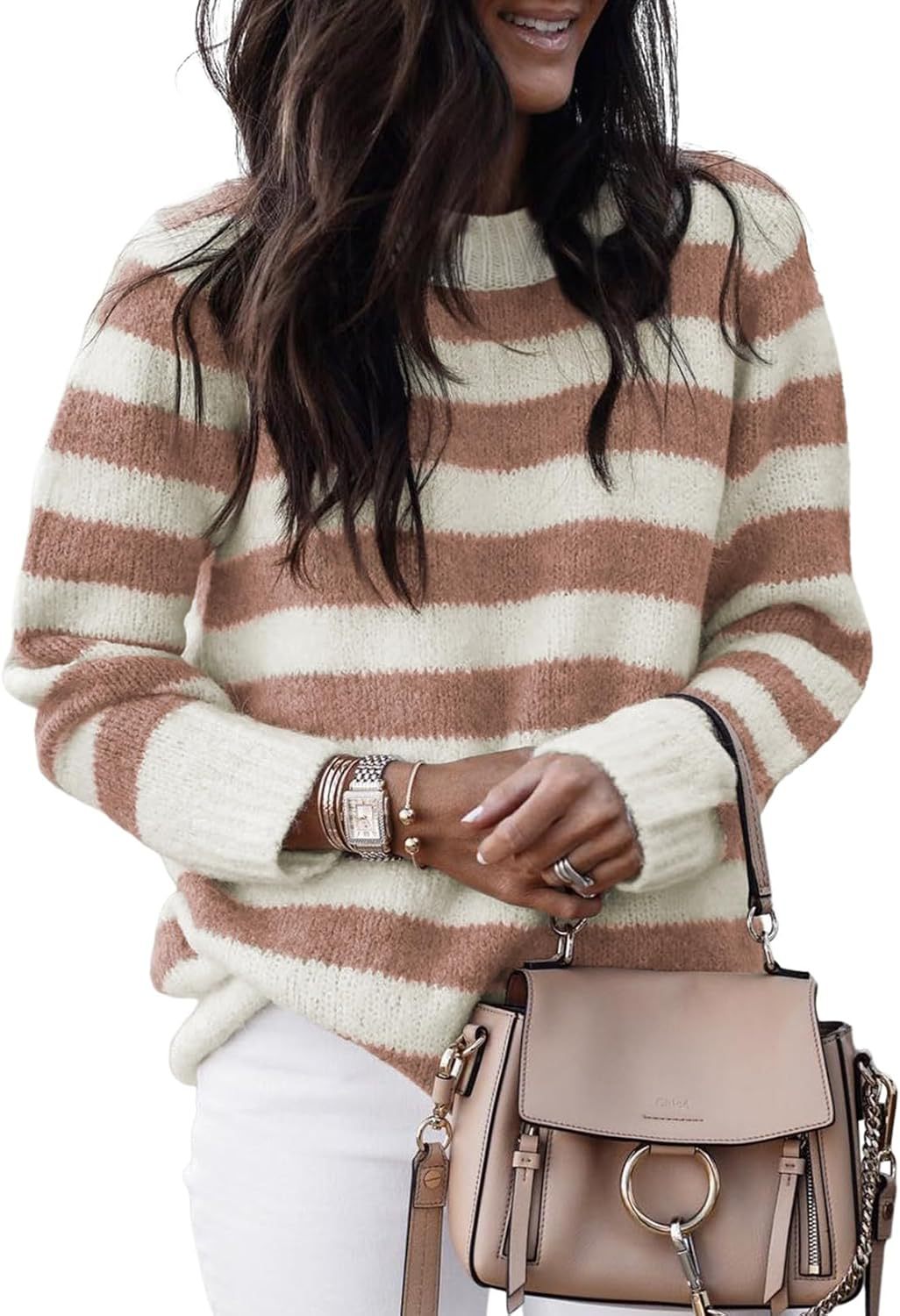 Women's Neck Striped Cute Color Matching Pullover Sweater