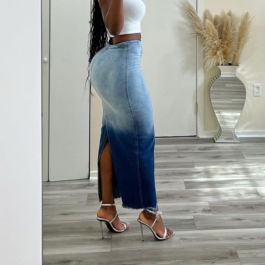 Women's Fashion Burnt Flower Slit Tassel Denim Skirts