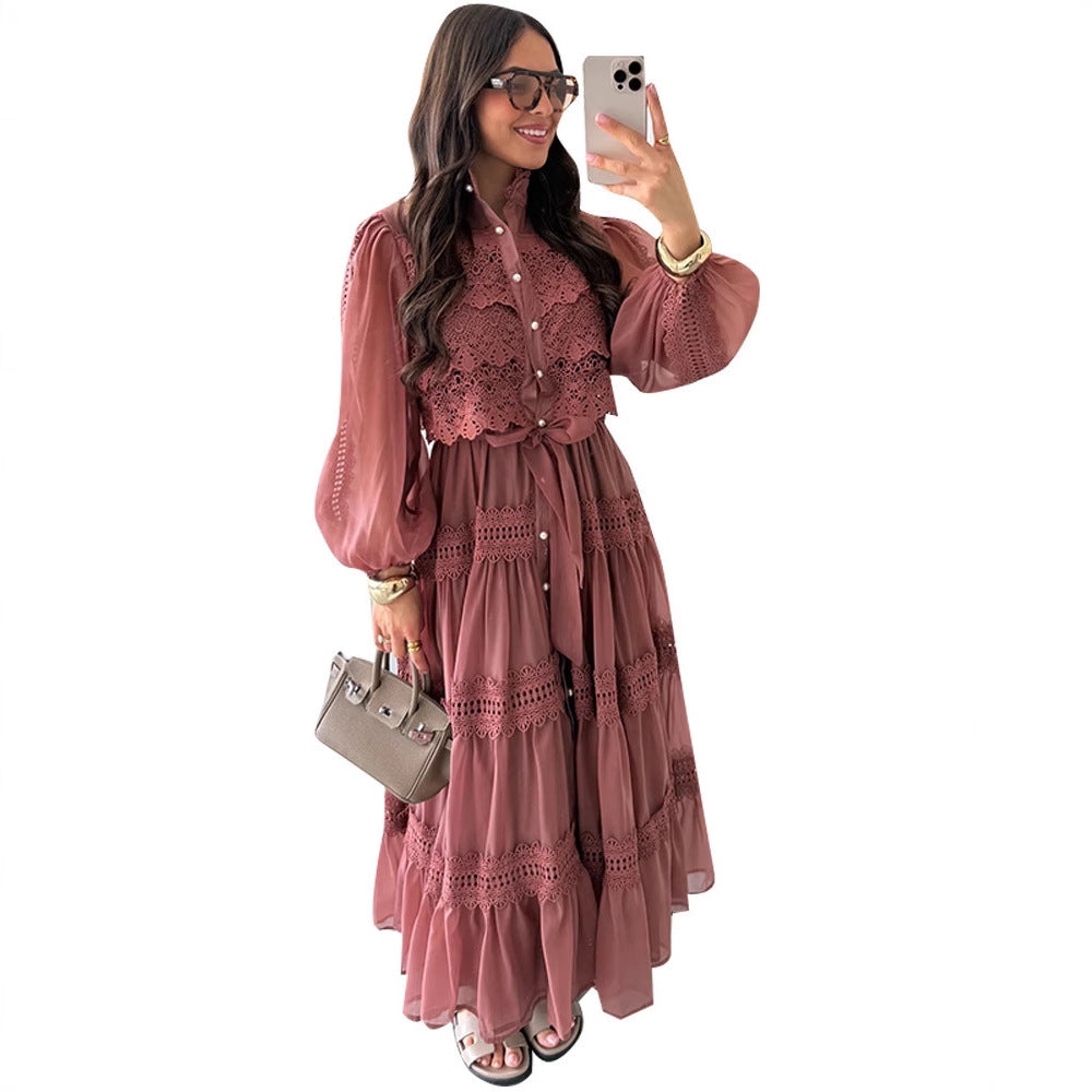 Women's Summer Retro French Lapel Hollow Puff Sleeve Elegant Tied Clothing