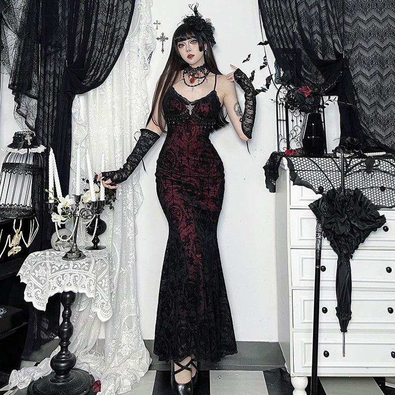 Women's Dark Goth Style Flocking Suspender Dress Dresses