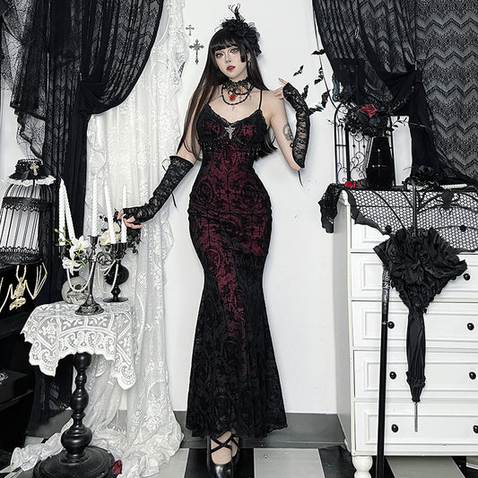 Women's Dark Goth Style Flocking Suspender Dress Dresses