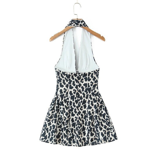 Women's Sexy Leopard Print Deep Backless Halter Dresses