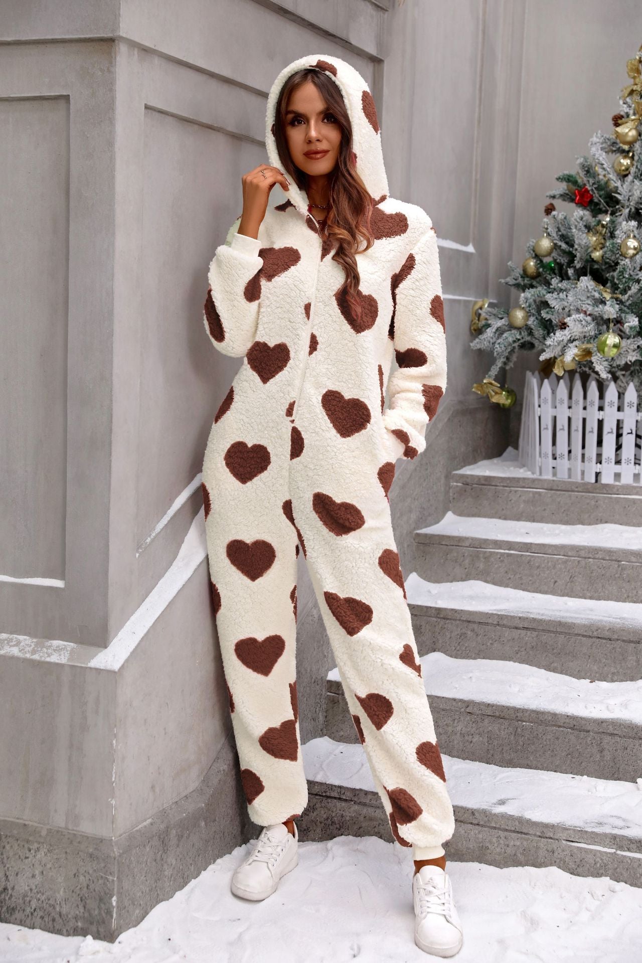 Women's Plush Loving Heart Printed Christmas Hooded Jumpsuits