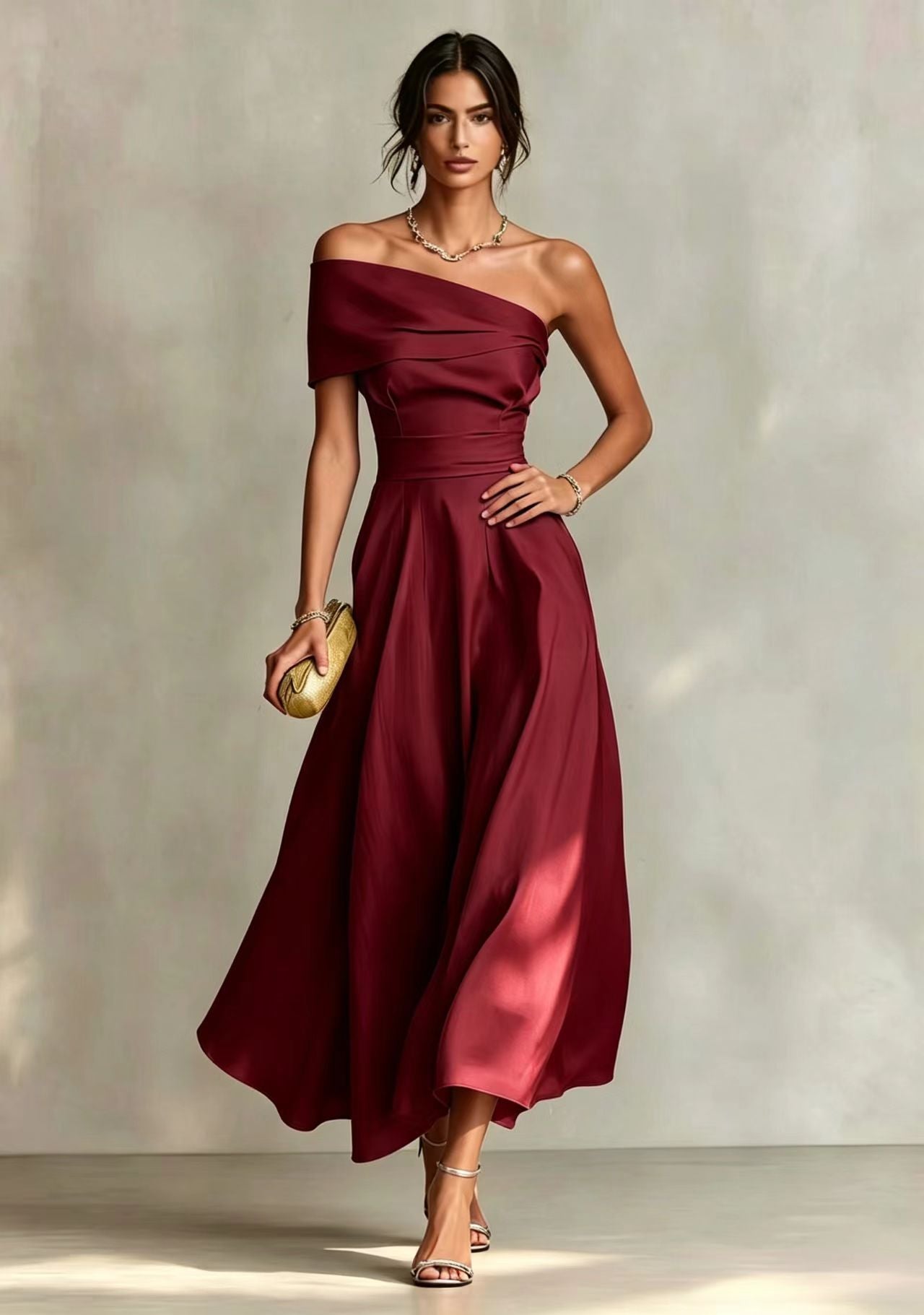 Women's Solid Color Waist Tight Slant Shoulder Collar Backless Dress