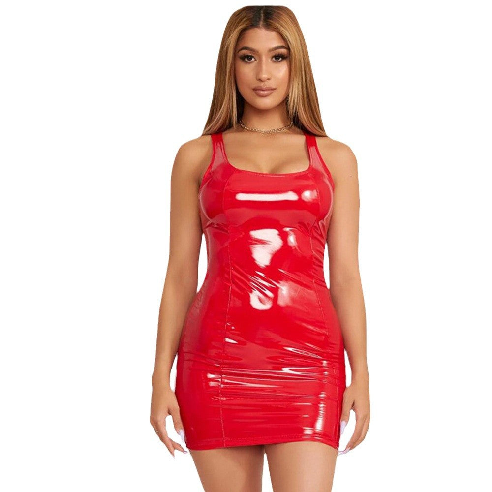 Nightclub Party Sexy Sleeveless Faux Leather Dress