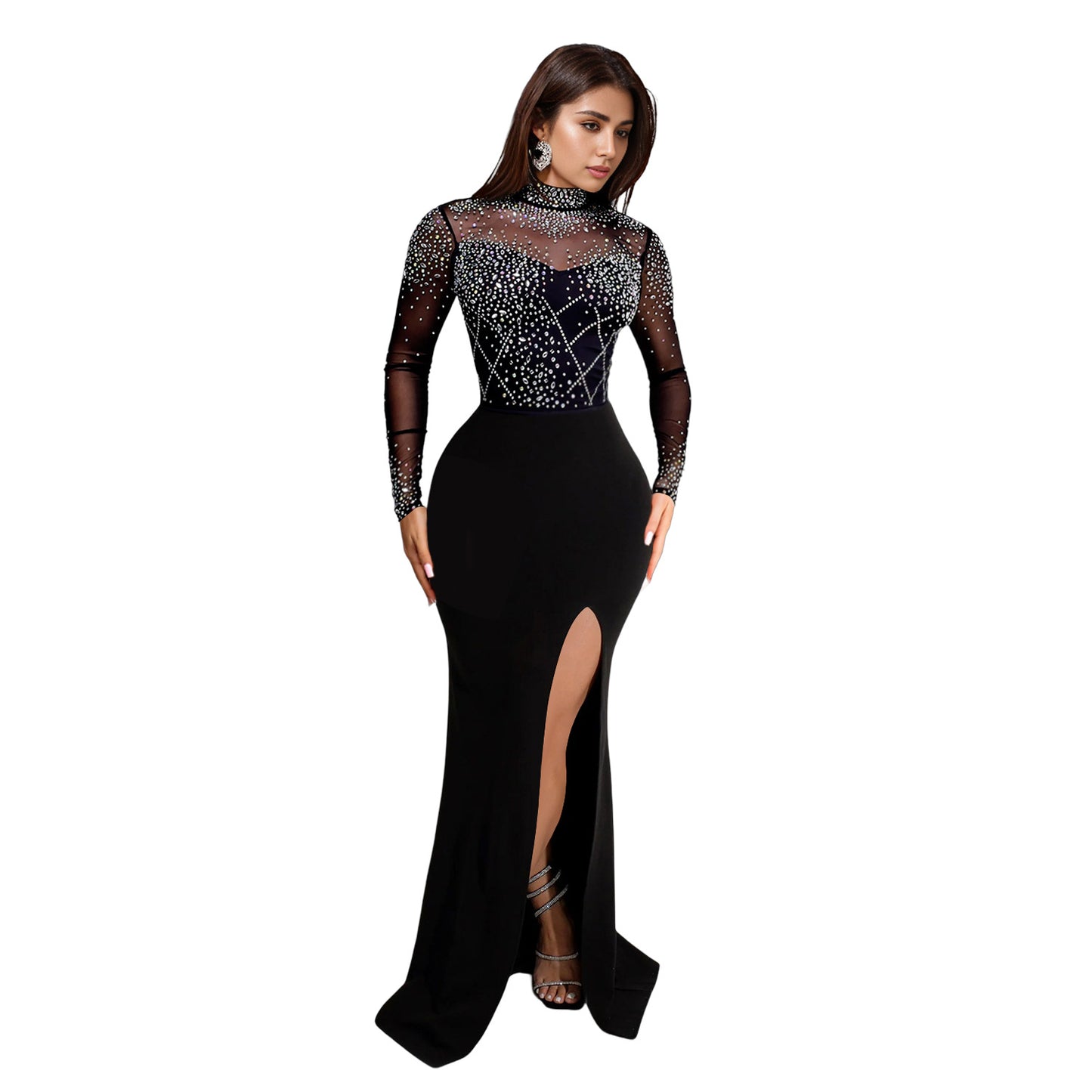 Women's Fashion Wear Rhinestone Split Long Dress Dresses