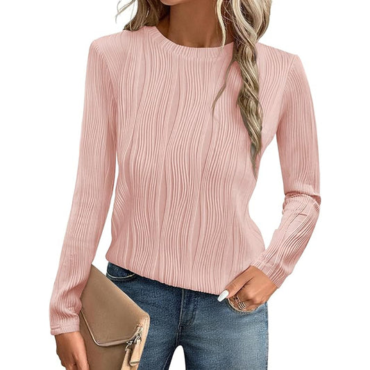 Women's Solid Color Round Neck Long-sleeved T-shirt Blouses