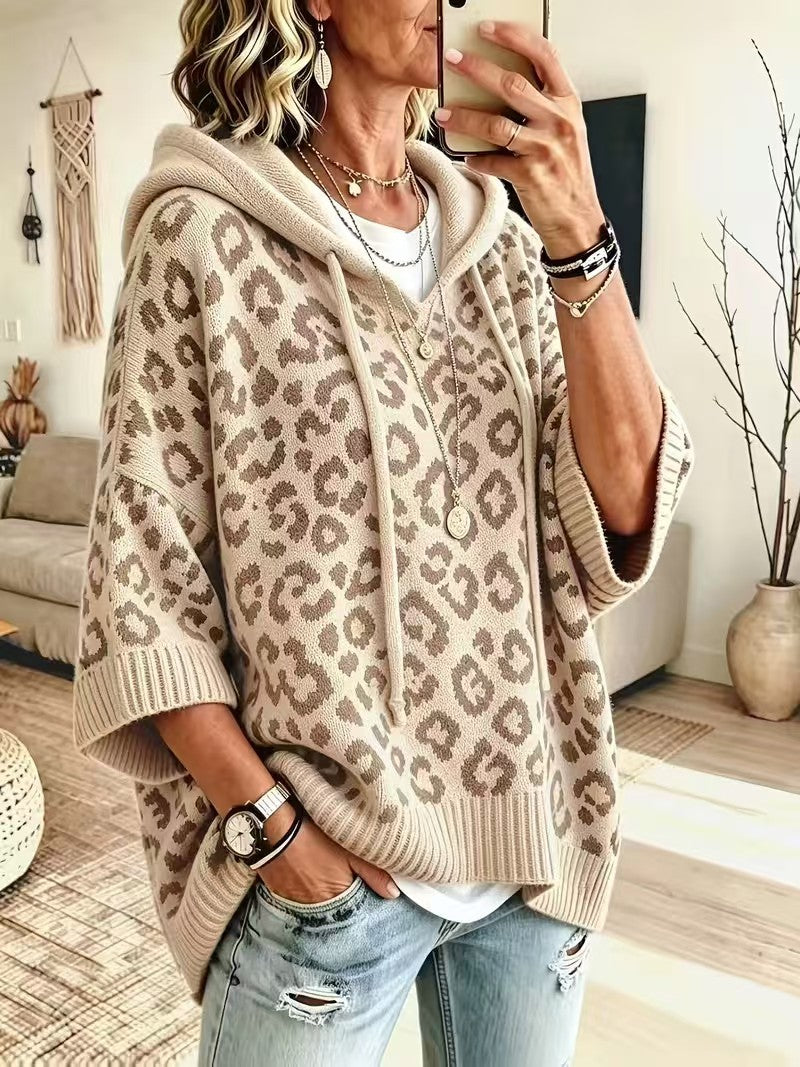 Leopard Print Hooded Drawstring Knitted Pullover Hoodie Sweater