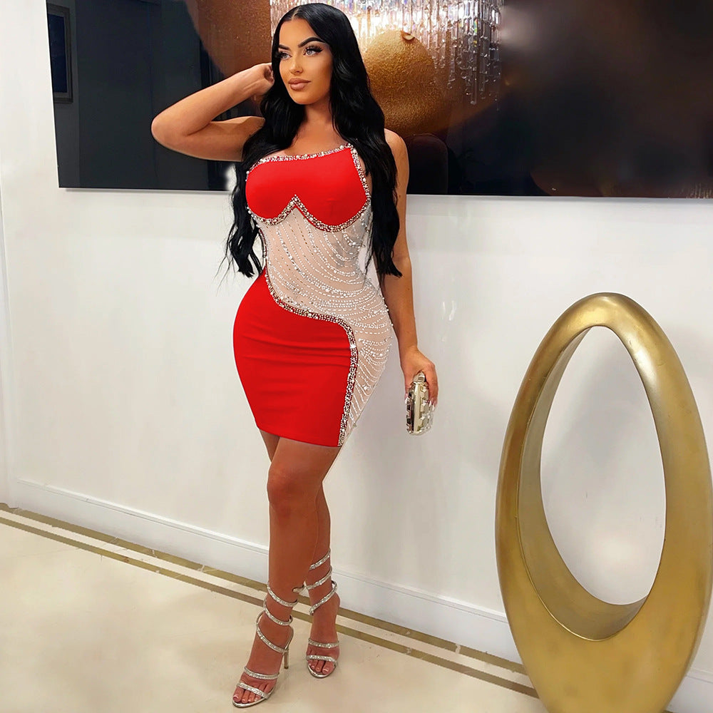 Women's Fashion Wear Pure Color Mesh Rhinestone Dress