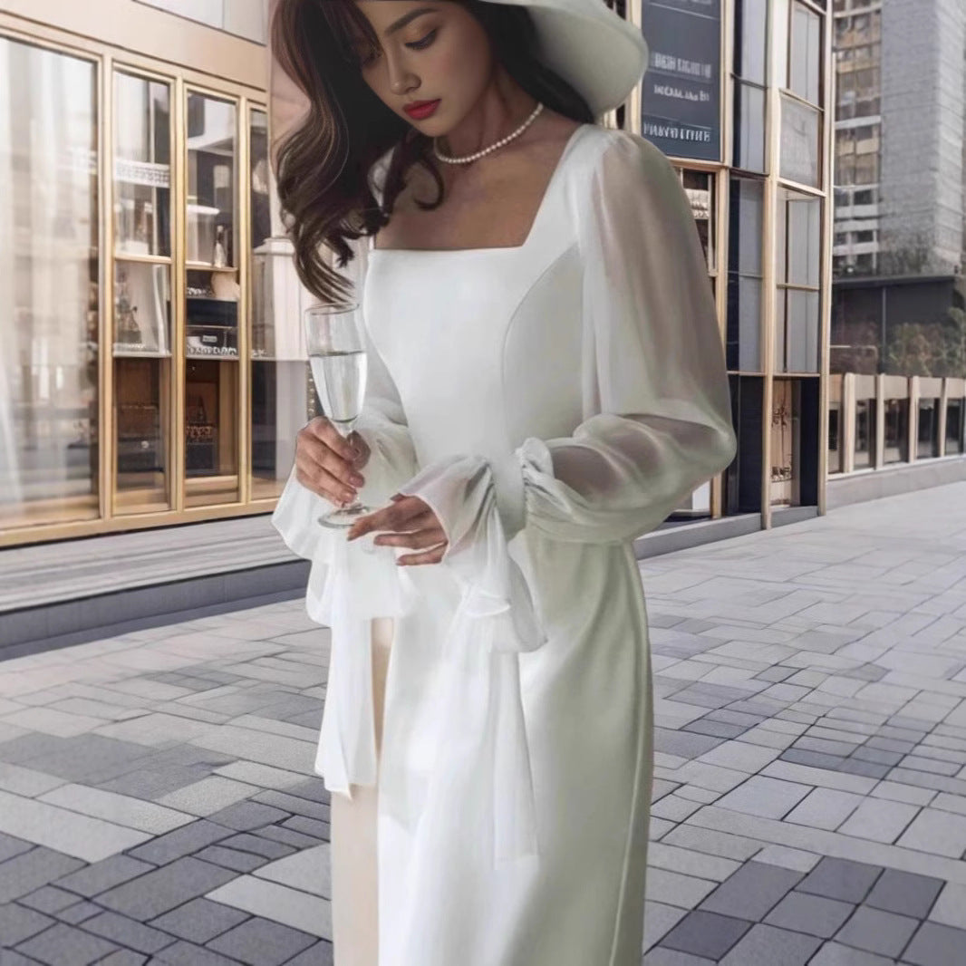 Style Temperament Square Collar Stitching Mesh Micro Transparent Dresses