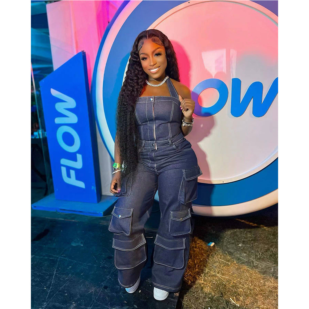 Creative Imitation Denim Oversized Bellows Pocket Jumpsuits