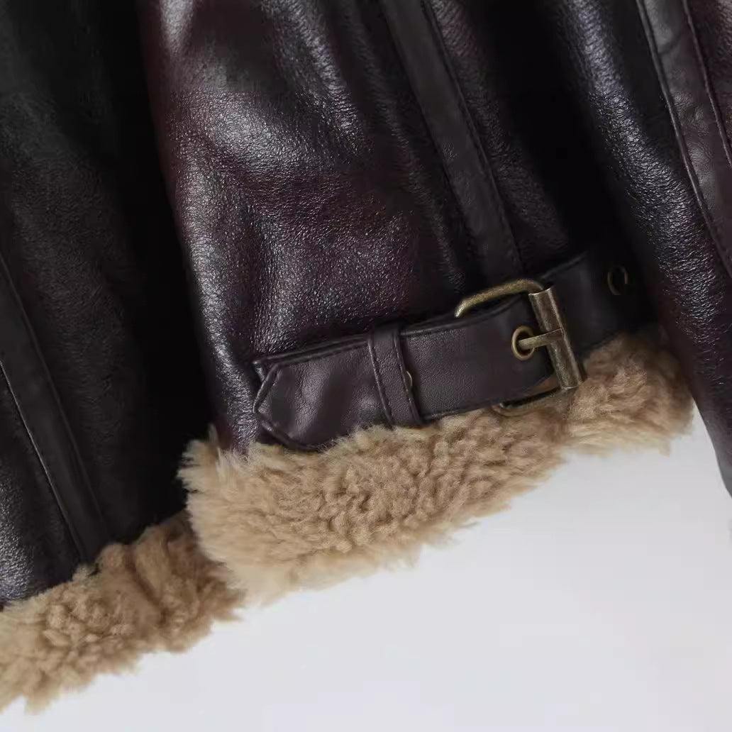 Women's Autumn Fur Collar Thickened Integrated Leather Clothing