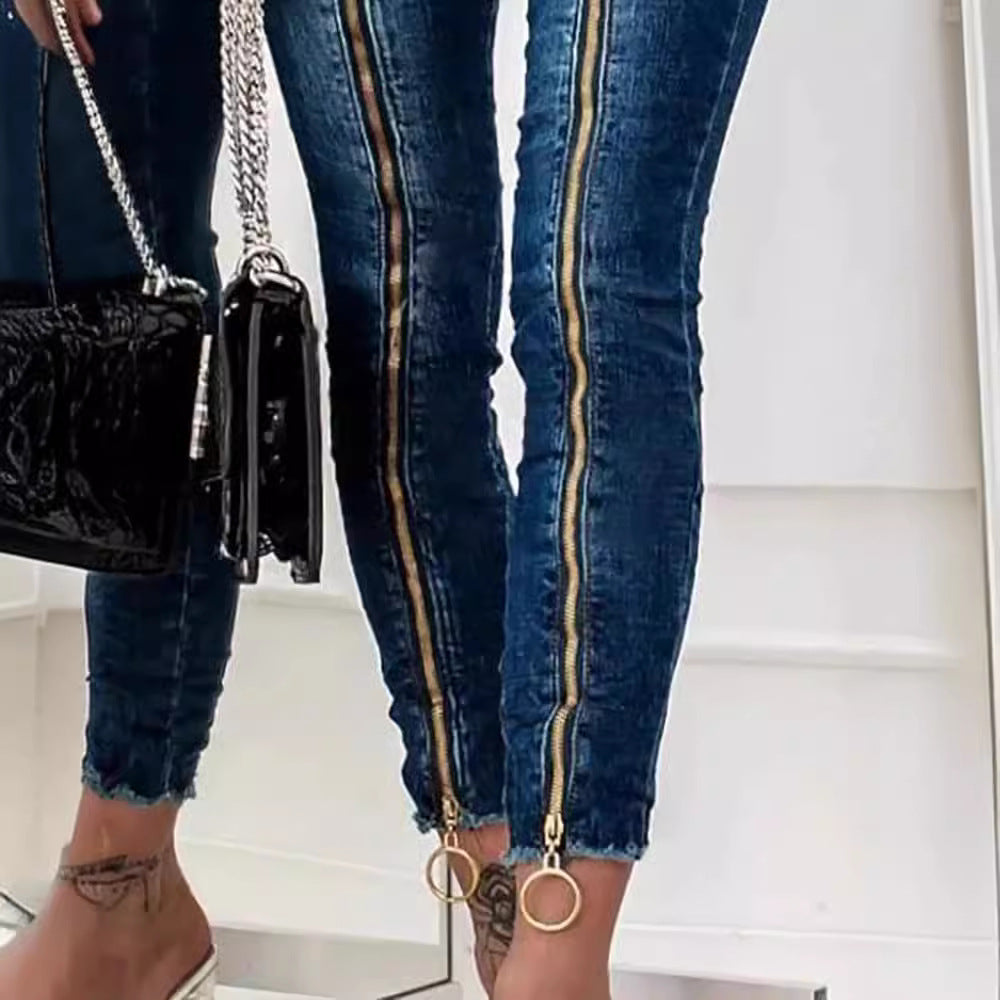 Women's Popular Decorative Zipper High Elastic Jeans