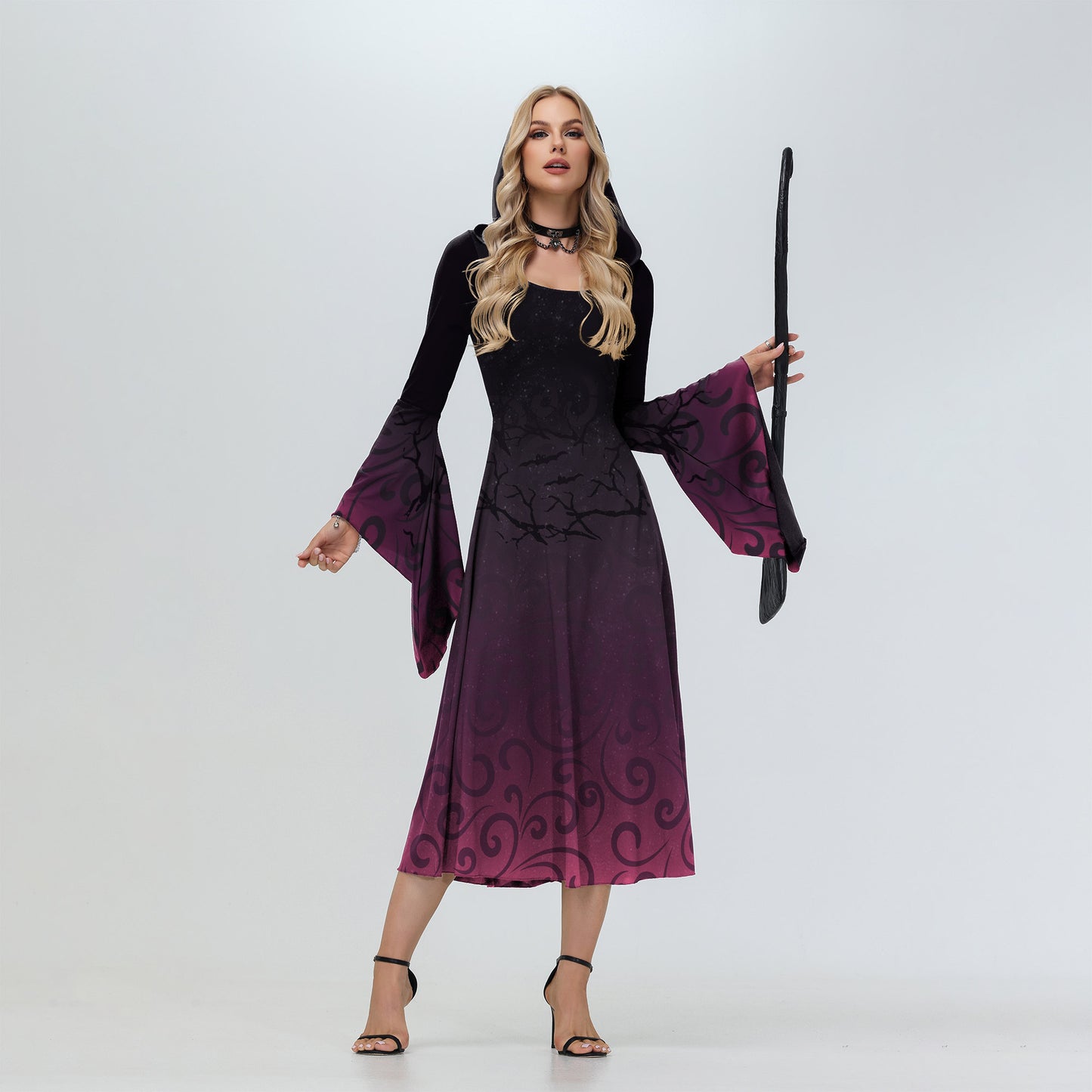 Women's Halloween Witch Also Crazy Hooded Bell Sleeve Digital Dress