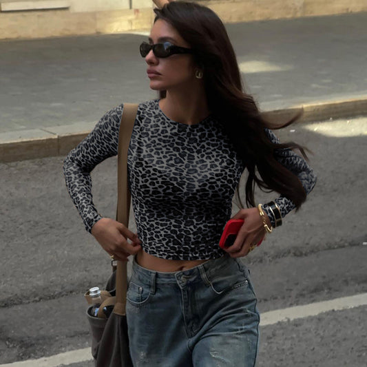 Women's Round Neck Long Sleeve Leopard Print Blouses