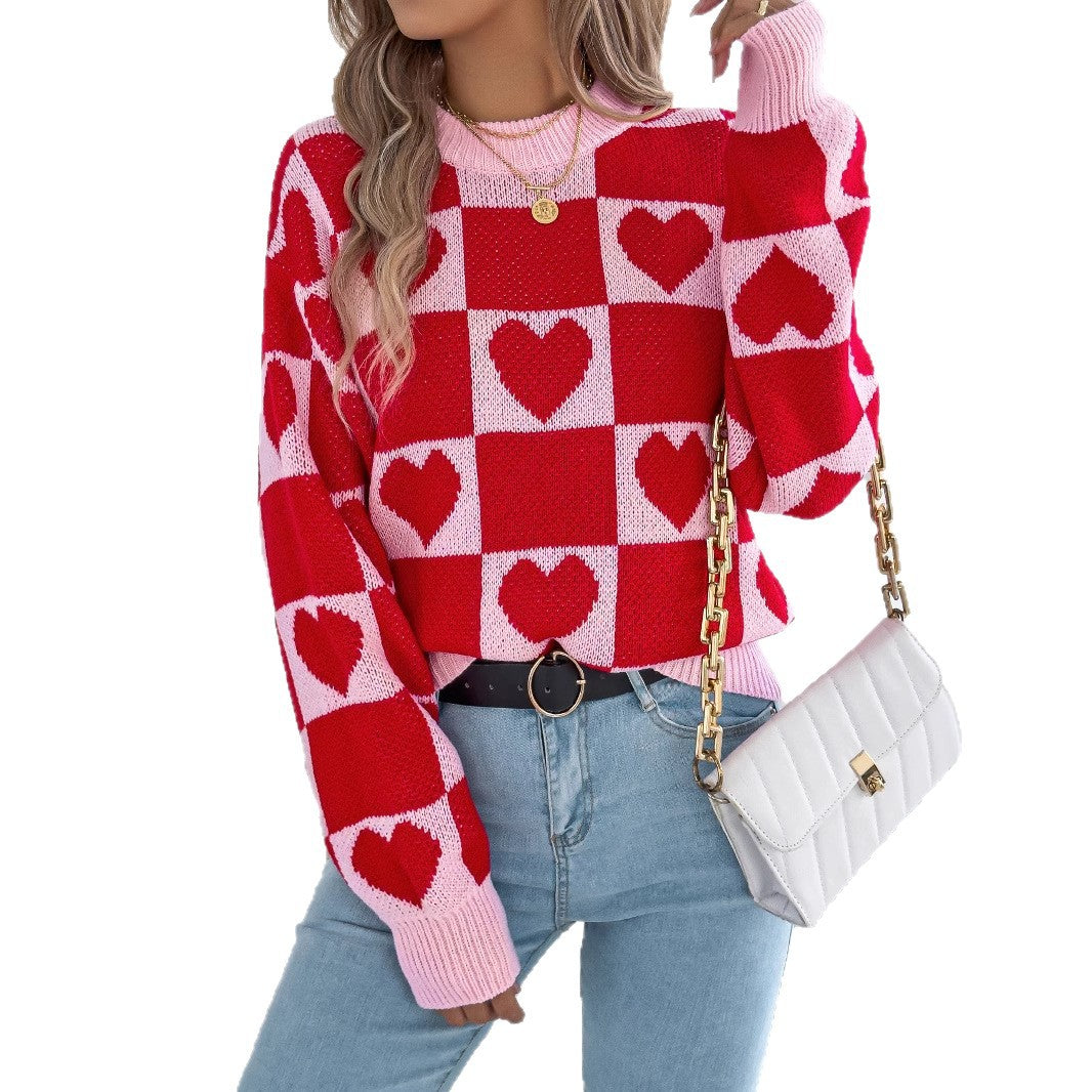 Women's Check Love Lantern Sleeve Pullover Valentine's Sweater