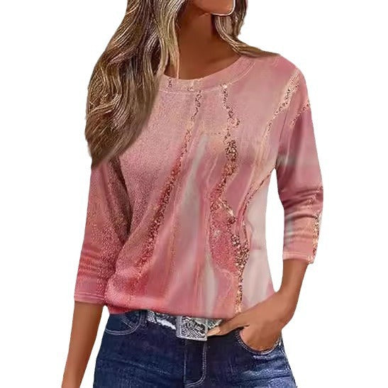 Women's Printed Solid Color Three-quarter Length Sleeve Blouses