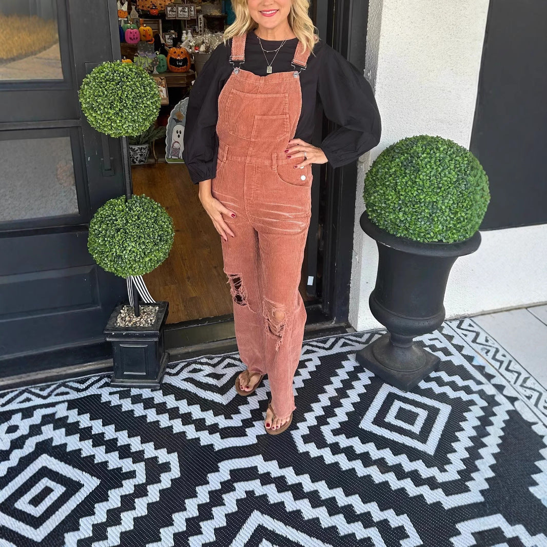 Women's Solid Color Corduroy Button Pocket Ripped Suits