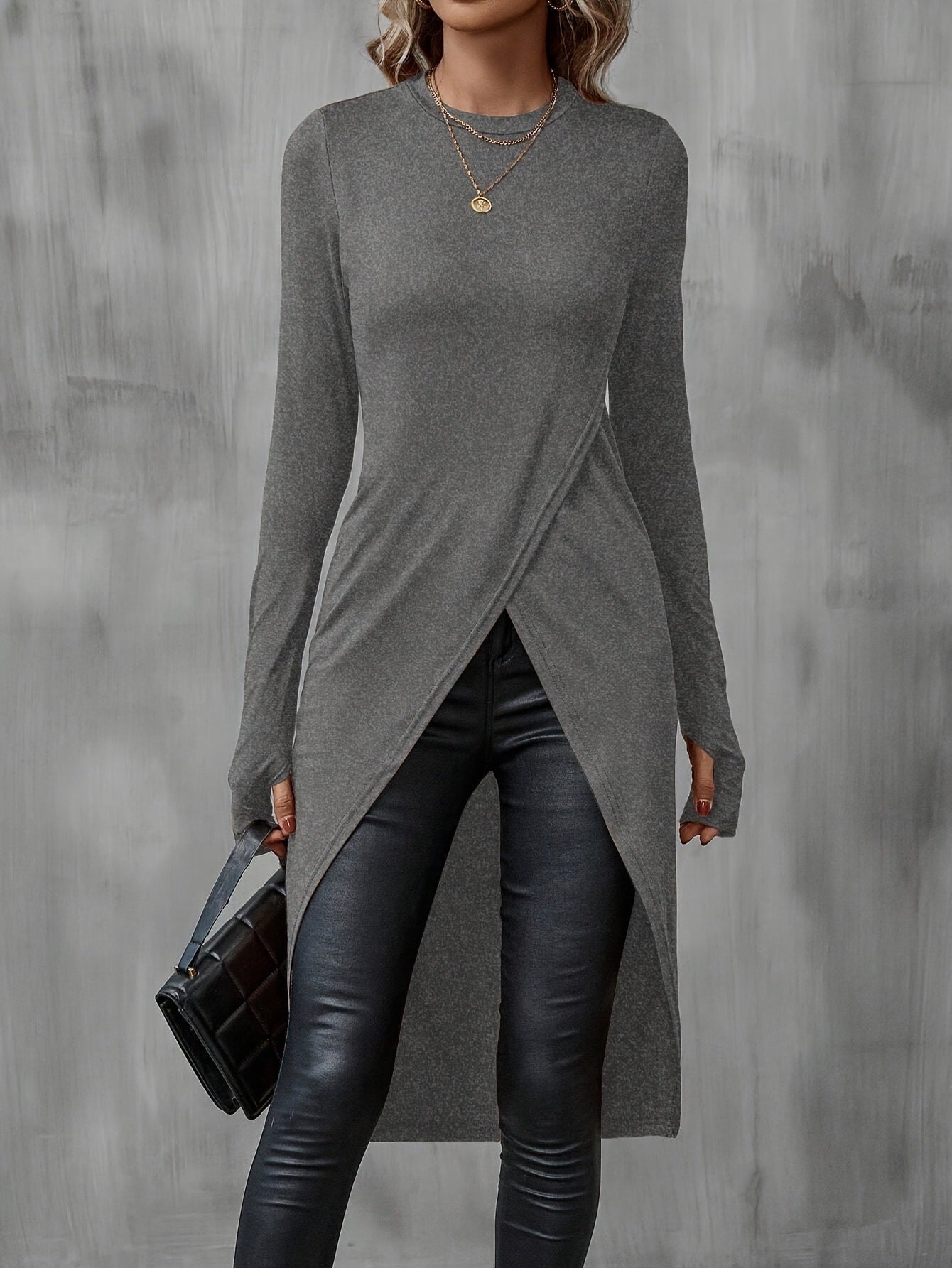 Simplicity Solid Color Long Sleeve Split Mid-length Dress