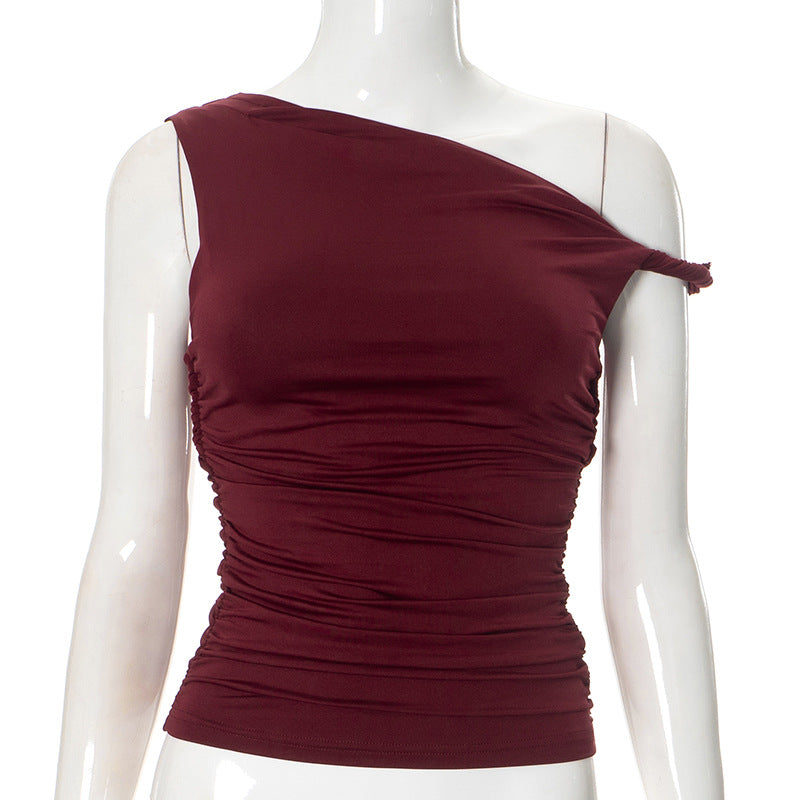 Women's Solid Color Diagonal Collar Pleated Asymmetric Tops