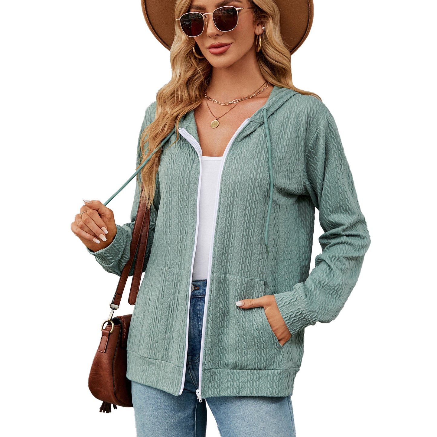 Women's Loose Long Sleeve Hooded Zip Pocket Cardigans