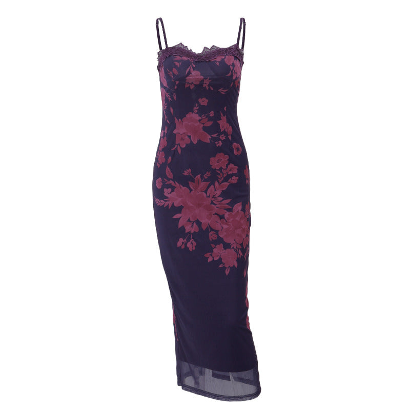 Spring Style Sexy Backless Lace Edge Vintage Printed Dresses