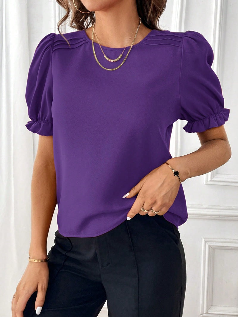 Women's Summer Fashion Temperament Pure Color Round Blouses