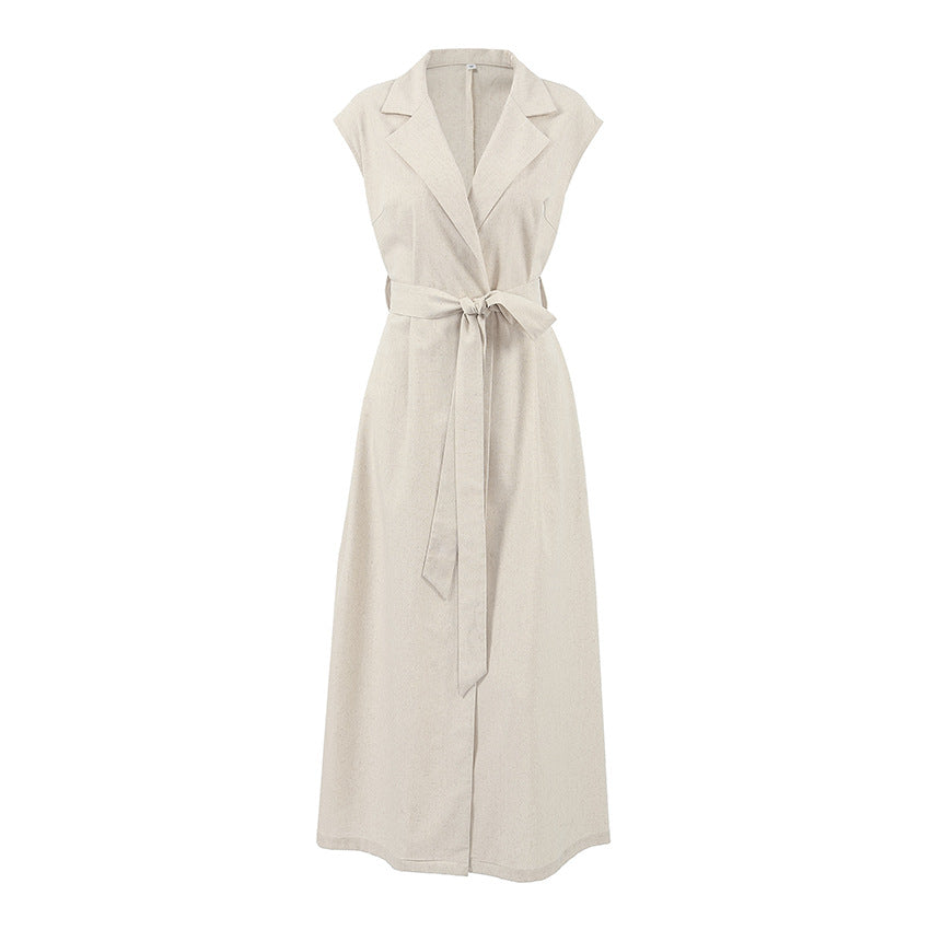 Style Temperament Cotton Linen Collar Belt Skirts