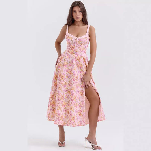 Women's Sexy Sling Stitching Printing Large Swing Dresses