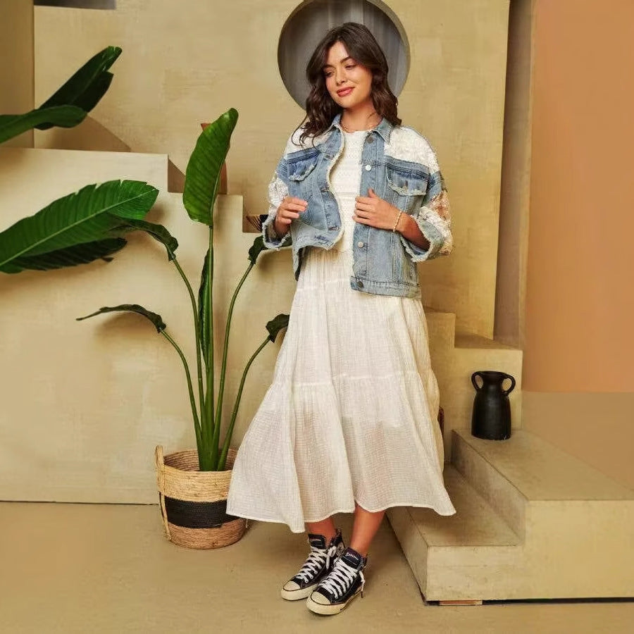 Women's Russian Ripped Mesh Patchwork Denim Jackets