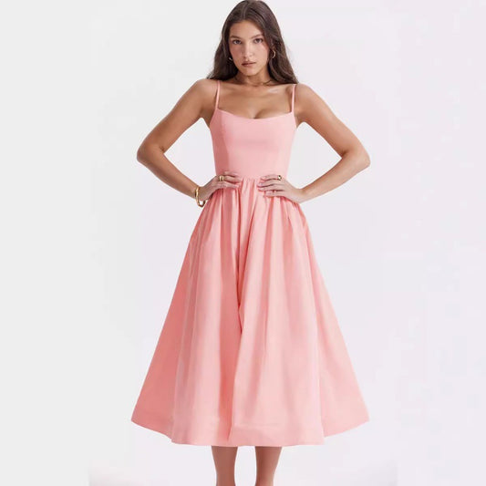 Women's Color Sexy Backless Spaghetti Straps Large Dress