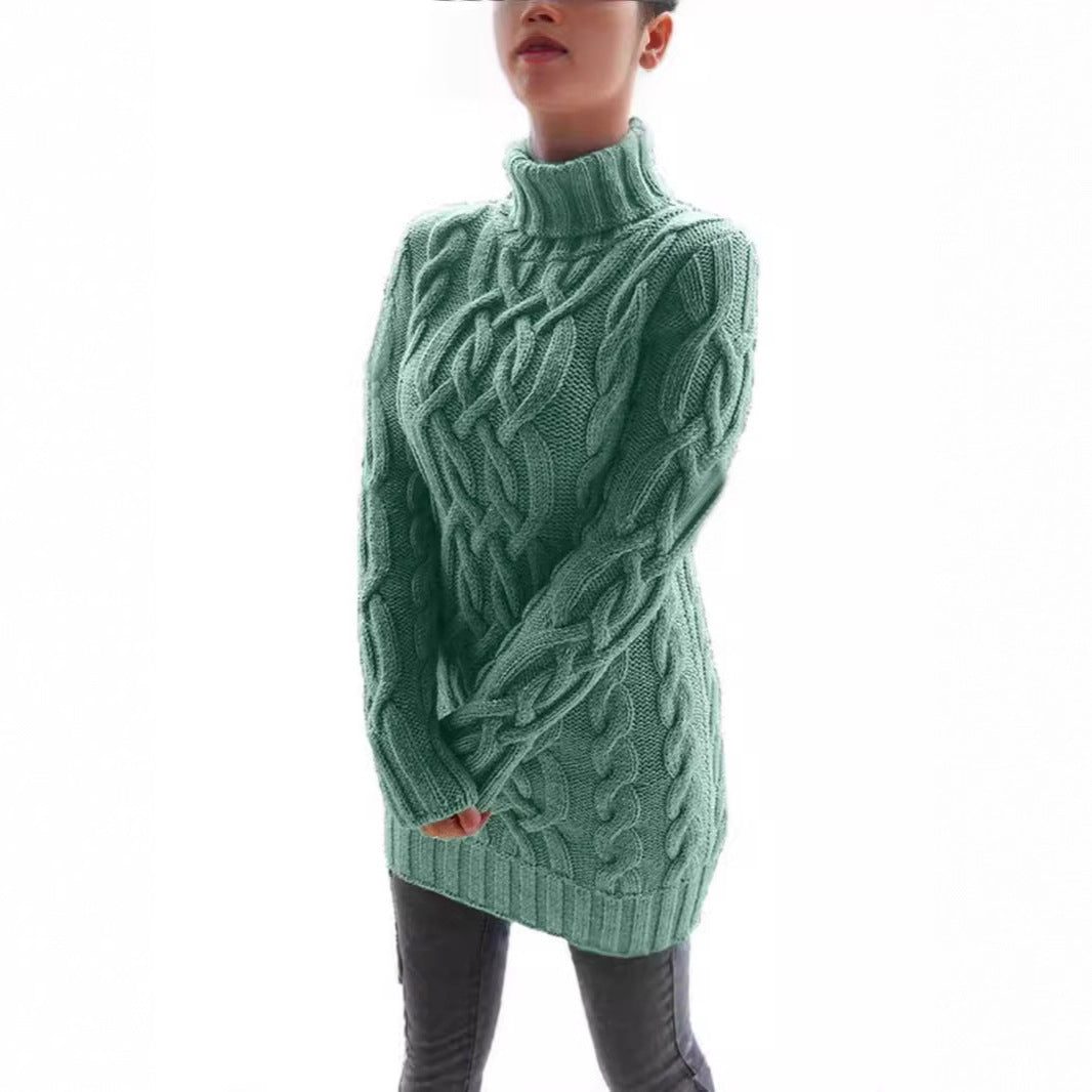 Long Sleeve Slim Knit Dress Solid Color High Neck Thickened Sweater