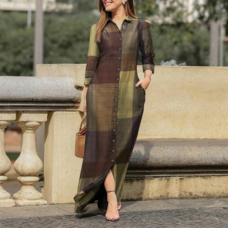 Women's Casual Polo Collar Robe Long Floral Dresses