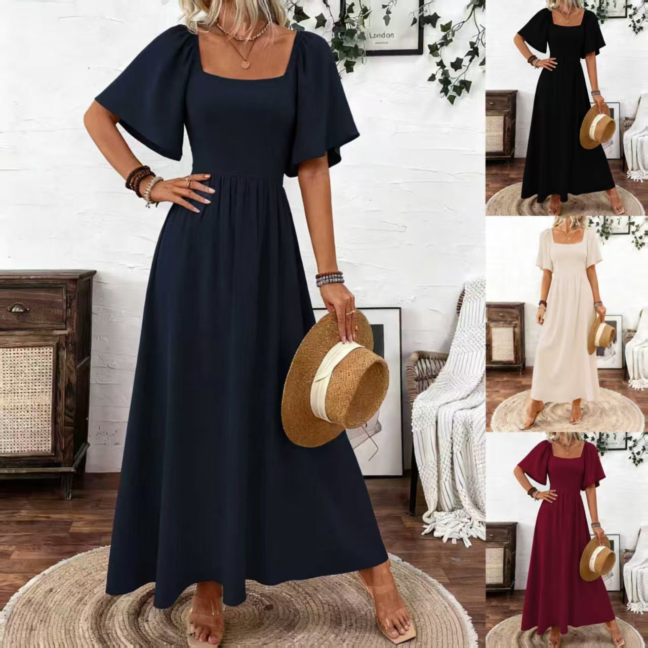 Women's Bohemian Style Square Collar Fashionable Elegant Ruffle Sleeve Dress